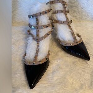 Valentino Garavani Black Patent Pointed-Toe Heel with Beige Studded Straps